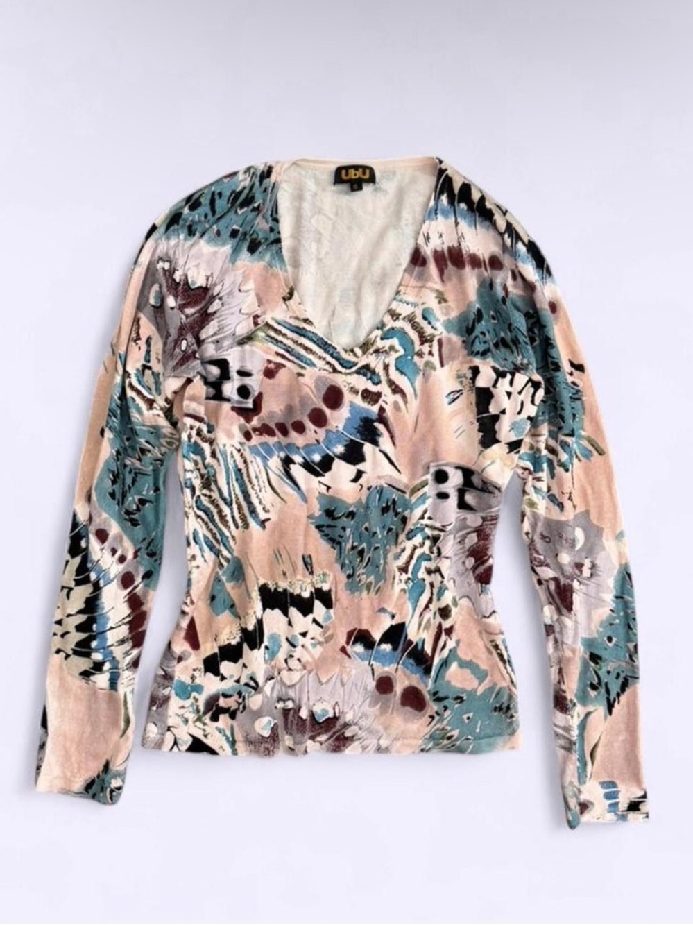 UBU Silk Blend Butterfly Print Knit Top Pink Blue V Neck Soft Y2K Vintage
